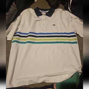 Vintage Men's Lacoste Sport white  Multi-striped Polo Shirt medium